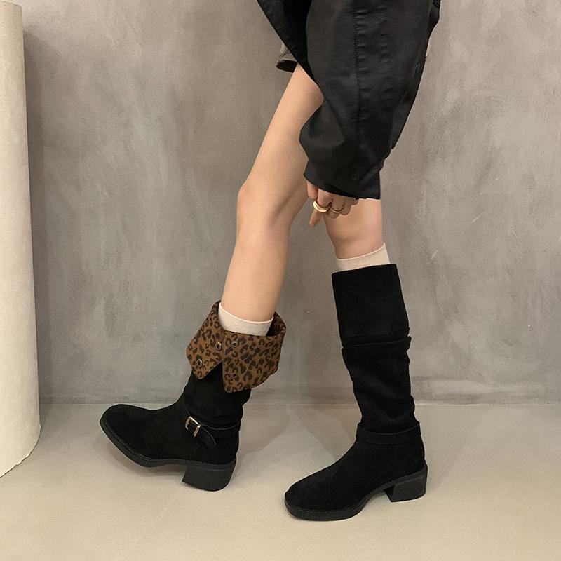 Vintage Leopard Print Women Western Cowgirl Boots Fashion Slip On Long Booties Ladies Elegant Thick Heels Botas Mujer