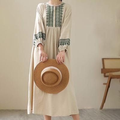 Langes Kleid Damen Baumwolle Große Größe Lose Sommer Retro Nähte Gesticktes Langarmkleid Knielanges dünnes großes Swingkleid