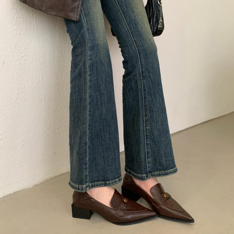 

Винтажные туфли Мэри Джейн с острым носком и камелией, женские на толстом каблуке, с острым носком, британские лоферы, маленькая кожа 39 коричневый