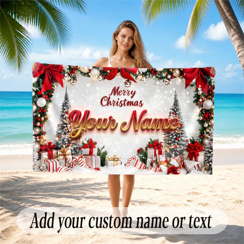 Christmas Theme Quick Dry Beach Towel Custom Name Text Print Large Sand Resistant Towel Beach Vacation