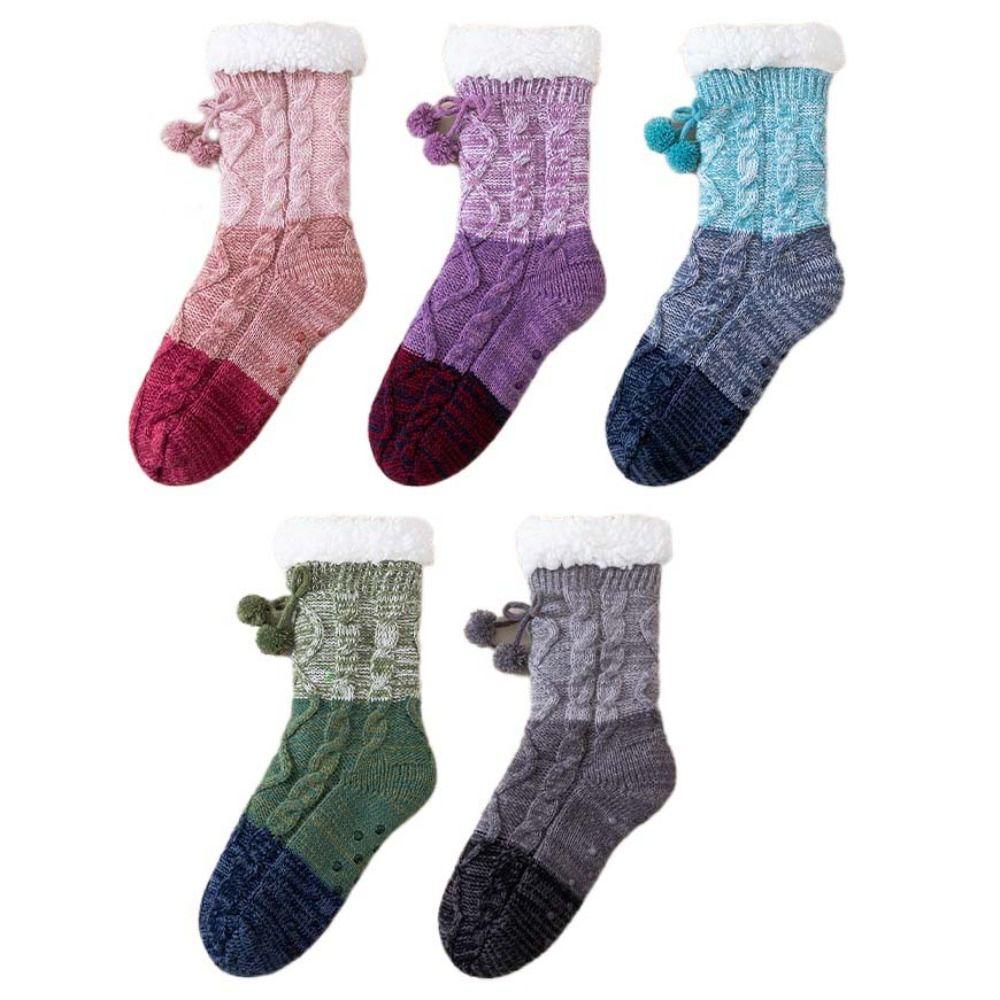 Meias de Chão de Pelúcia Tricotadas Meias de Lã Antiderrapantes Meias de Inverno Macias Listradas Femininas Casa