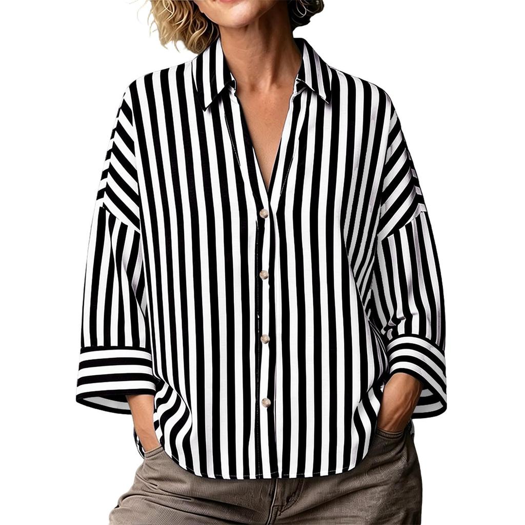 Women's Striped Lapel Button Down Long Sleeve Blouse Loose Fit for Work