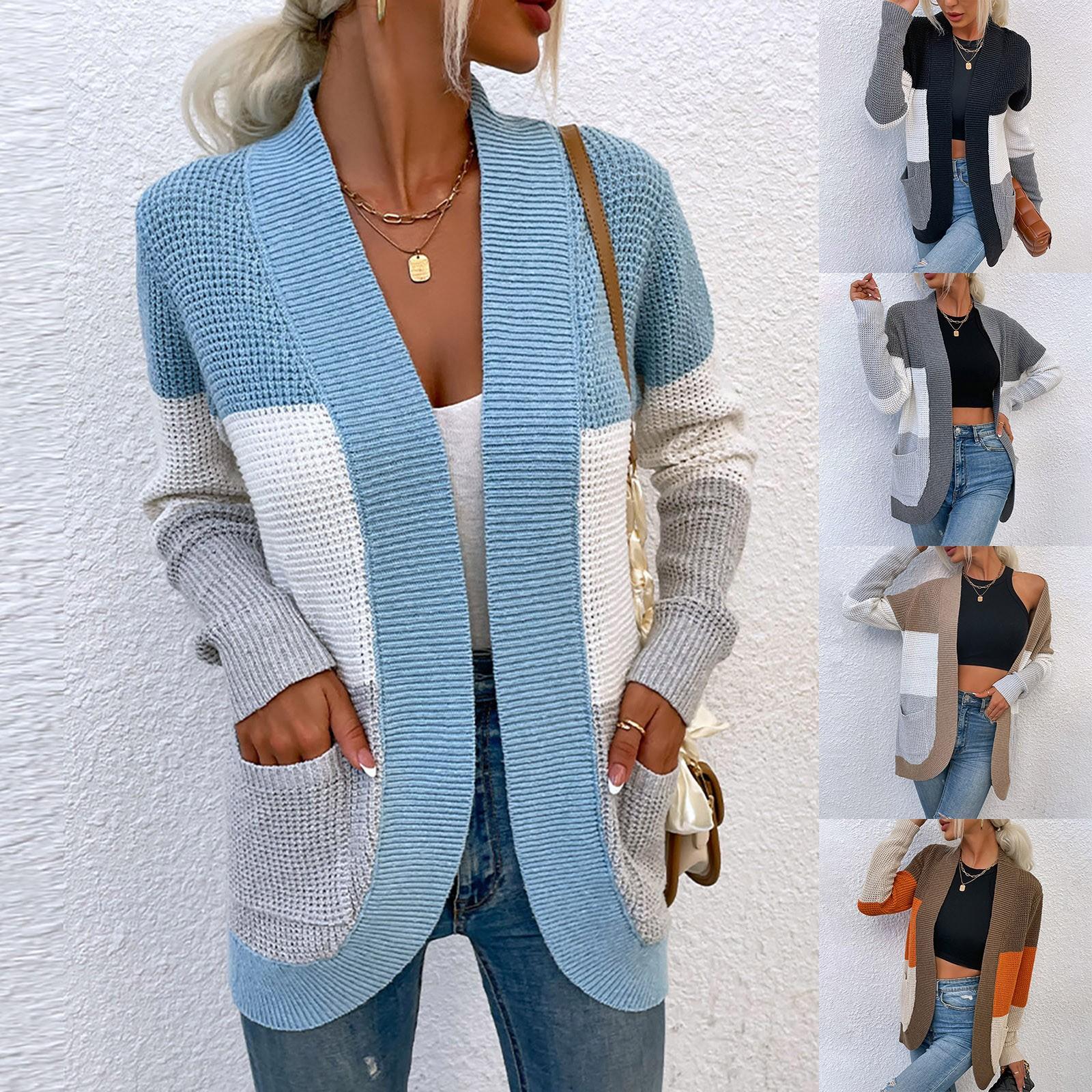 

Women s Casual V-neck Curved Large Pocket Sweater Contrast Color Sweater Coat