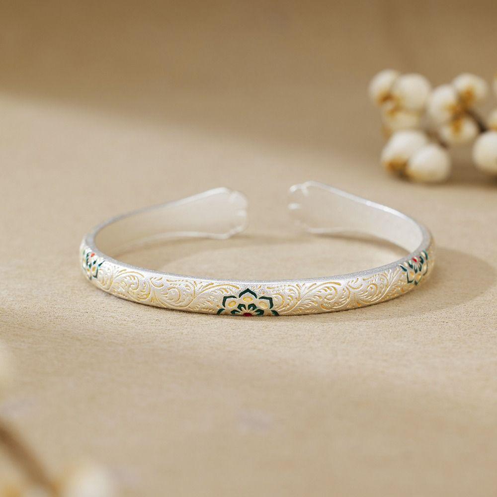 Retro Enamel Flower Bangle Traditional Women's Opening Bracelet  Handicraft