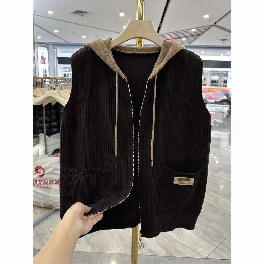 Korean Spring Autumn Hooded Vest Female Loose Knit Cardigan Wild Short Casual Sleeveless Knitting Female Waistcoat Top