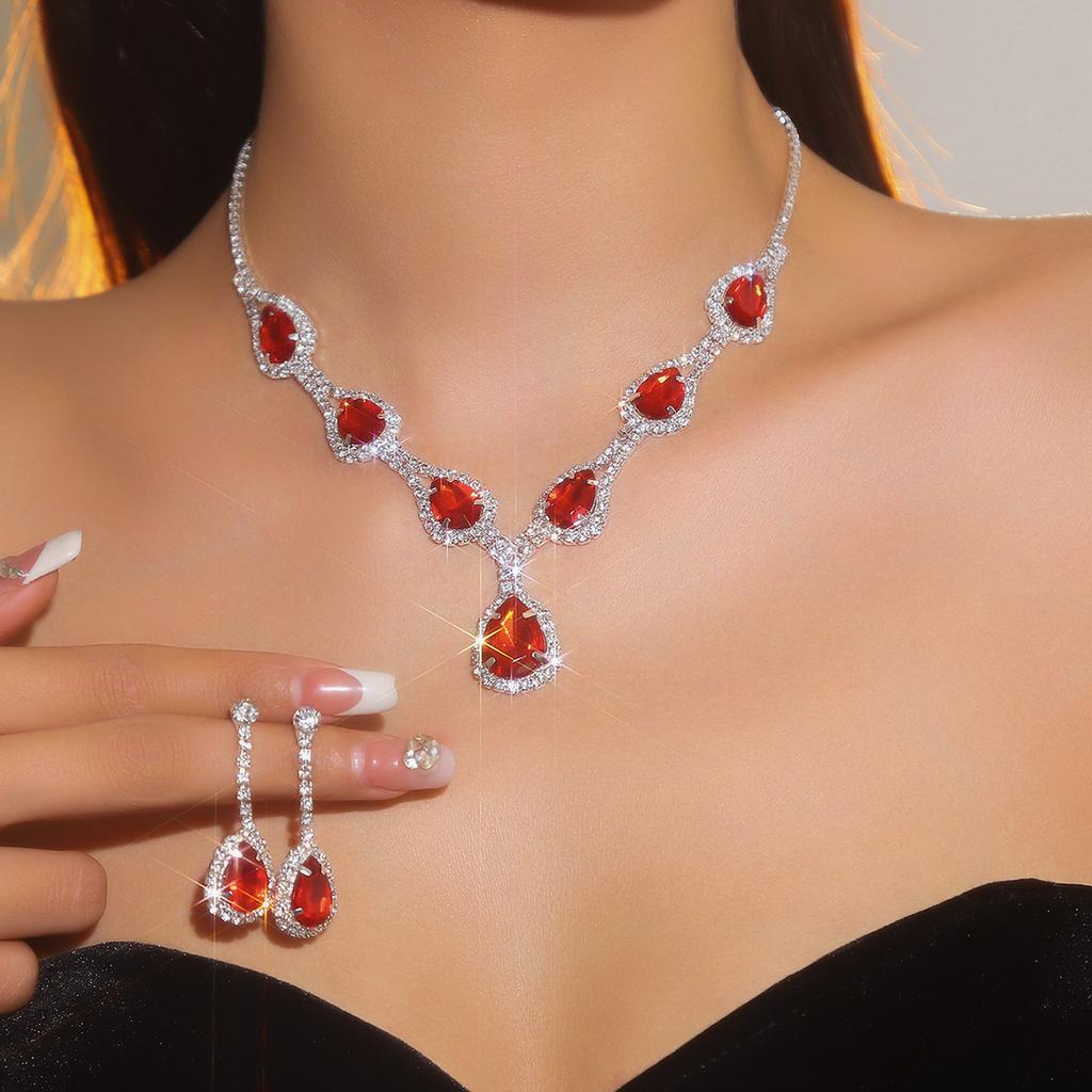 Shiny Diamond Droplet Necklace Earrings Two-piece Set, Versatile Earrings, Bridal Jewelry