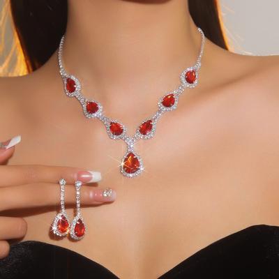 Glänzende Diamanttropfen Halskette Ohrringe Zweiteiliges Set, Vielseitige Ohrringe, Brautschmuck