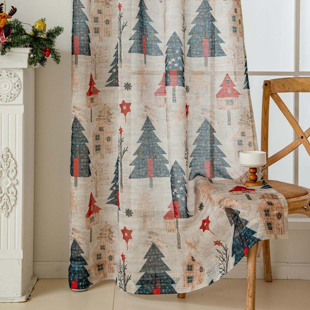 2PC Christmas Day Decoration Christmas Tree Translucent Curtains and Window Screens, Suitable for Living Room, Bedroom, Party, W