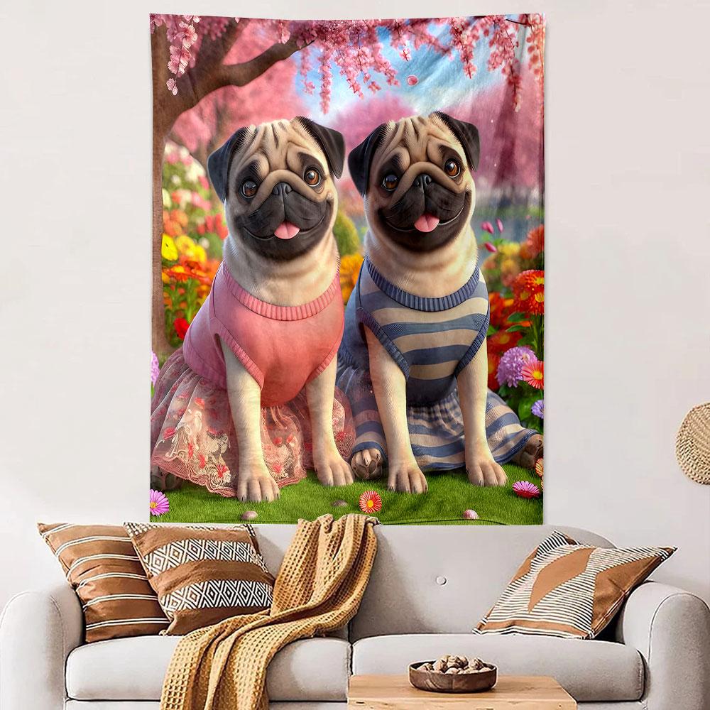 "Pugs in Dresses with Cherry Blossom Scene" Patterned Tapestry Decorative Wall Hanging, Home Bedroom Living Room Decor