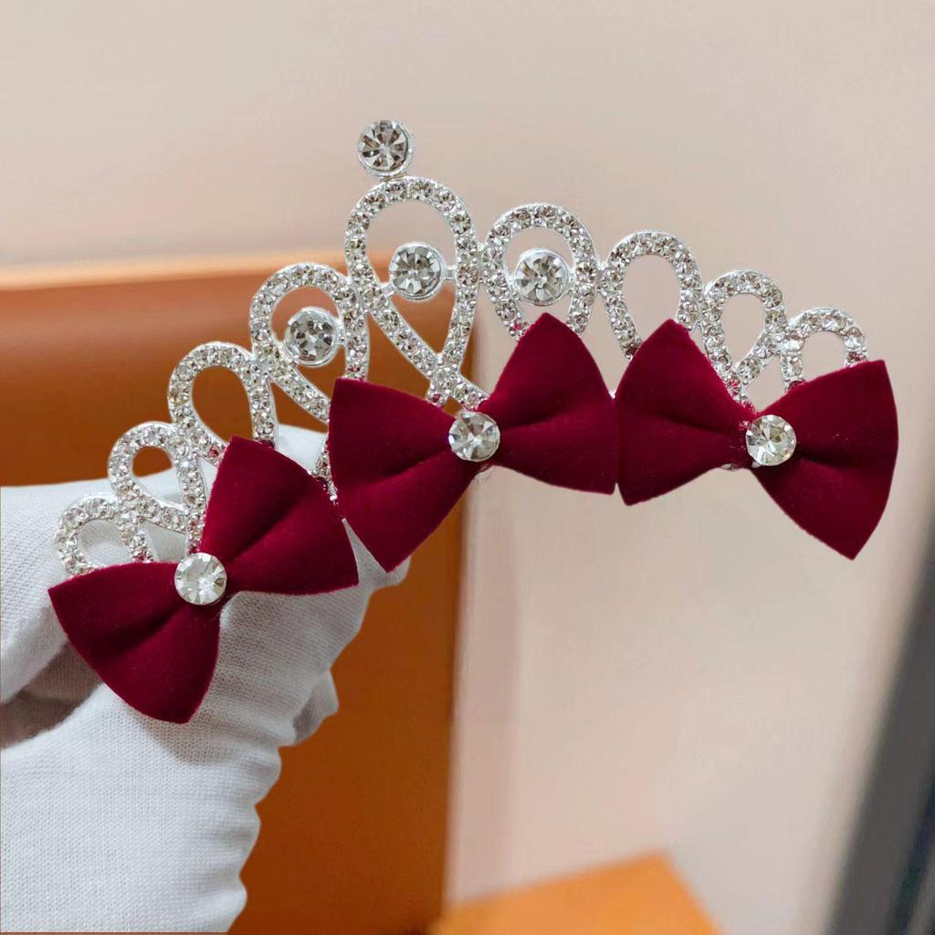 Children's Burgundy Rhinestone Crown Bow Hairpin for Princess Costume & Photo Shoots