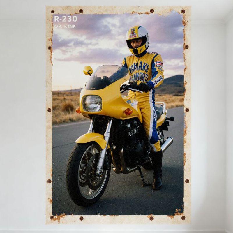 

Vintage Motorcycle Rider Tin Sign R-230 Kop Kink Rustic Metal Wall Decor for Bar Pub Home Cafe with Yellow Bike Racing Suit Helm 20x30cm（7.8x11.8inch）