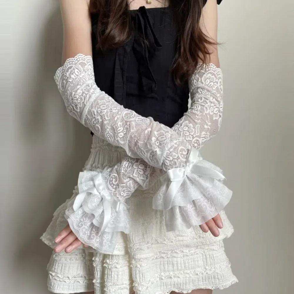 Lace Bowknot Bridal Wrist Gloves Y2K Long Gloves Graceful Womens Sleeve