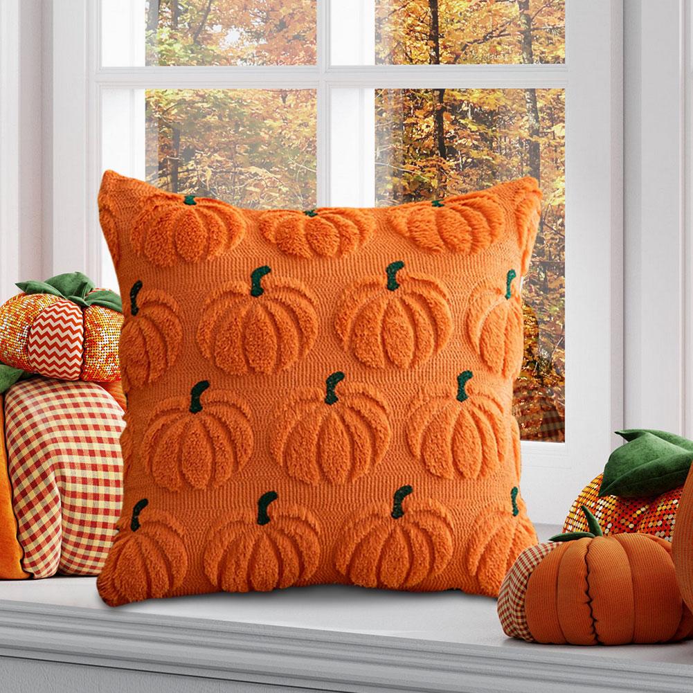 Halloween Pumpkin Fall Throw Pillow Covers Embroidery Soft Faux Fur Pillow Covers Fluffy Plush Accent Pillow Cases for Farmhouse