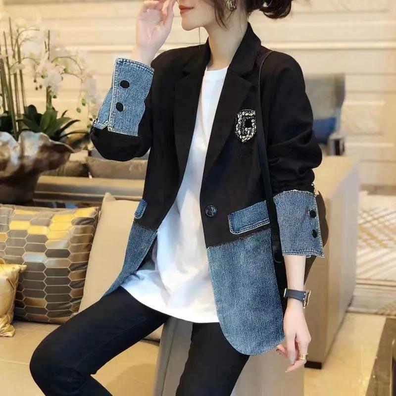 Fashion Loose Women Denim Jacket Splicing Suit Ladies Denim Outerwear Elegant Female Jeans Coat