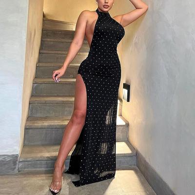 Black Elegant Backless Diamonds Slit Dress Women Shine Halter Sexy Slim Maxi Dresses Female Dot Hollow Out Fashion Party Clothing