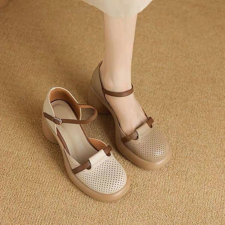 Retro style color matching thick-soled high-heeled sandals women's summer bag head hollow thick heel casual one-button Roman shoes