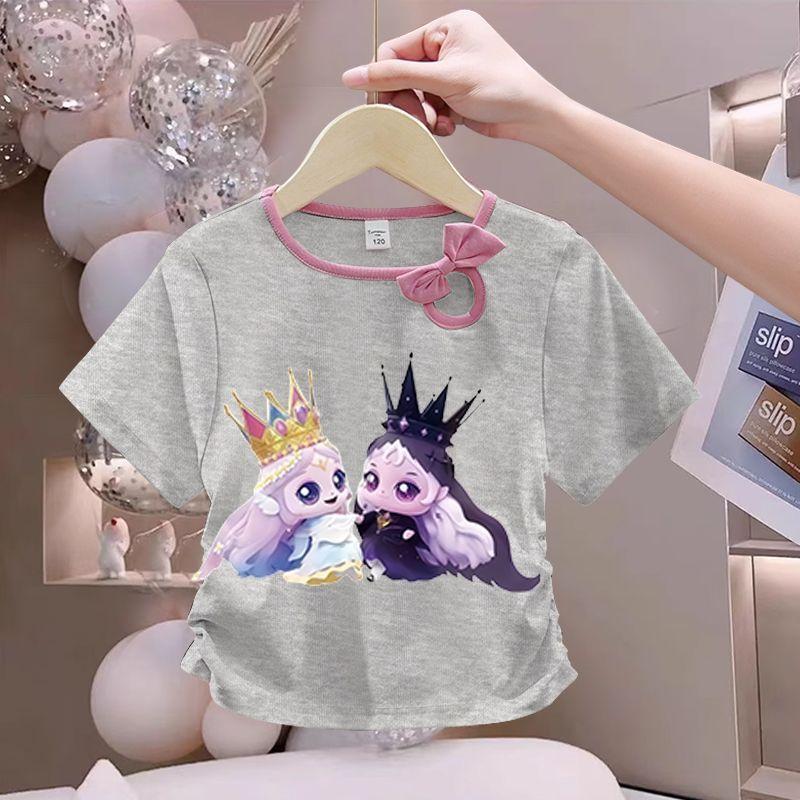 Girls' Cute Bowtie Top for Summer Children's Fashionable Round-neck Short-sleeved Pure Cotton T-shirt