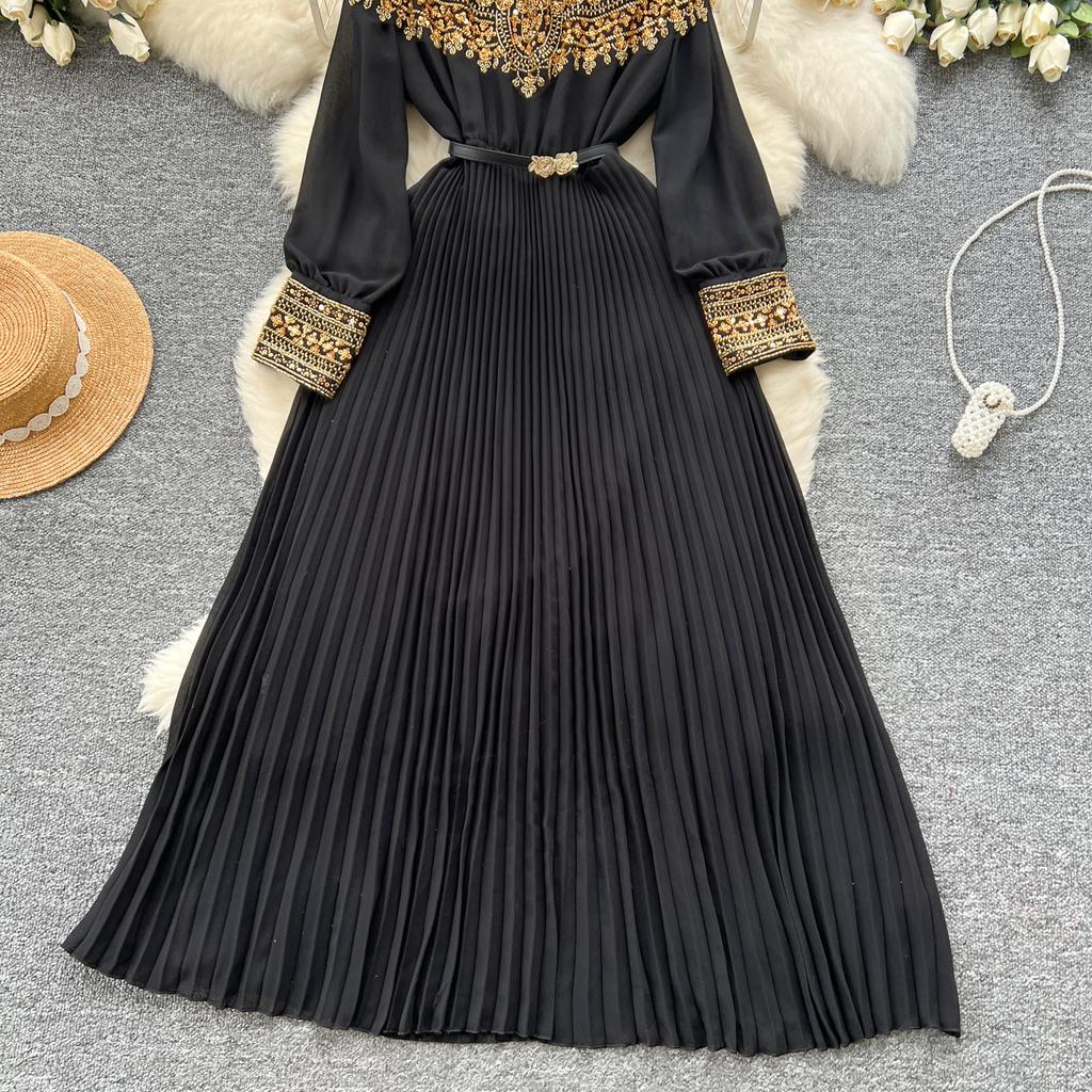 Temperament Robe Femme Maxi Dresses for Women Long Sleeve O-neck Sequin Slim Waist Vintage Pleated Dress 2025 Vestidos De Mujer