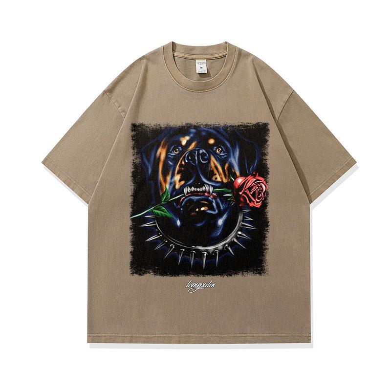 American Street T-Shirt Dog Head Rose Digital Direct Injection Printing Washing Water Cotton Short Sleeve T-Shirt Men