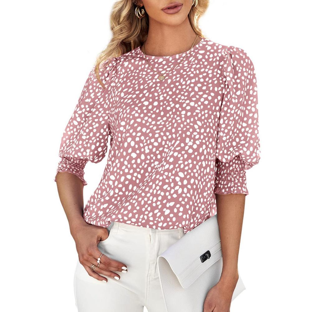 Women's Chiffon Blouse Crew Neck Tops Half Sleeve Pullover T-Shirt Floral Print Tunic Blouse Shirts