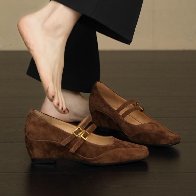 2025 Autumn New 5.5cm Inner Height Increase Slope Heel Square Head Shallow Mouth Double Breasted Buckle with Matte Mary Jane Single Shoes Women