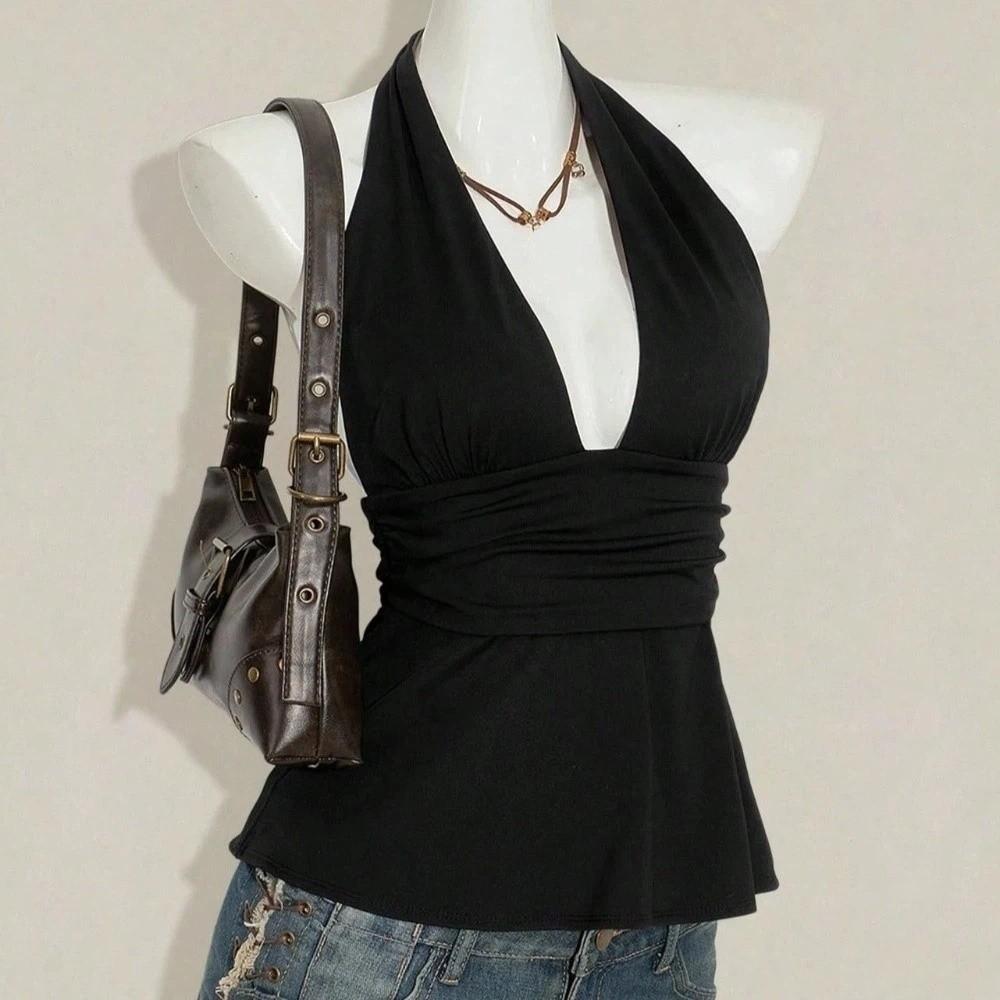 Deep V Neck Lace-up Dots Camisole Sleeveless Hanging Neck Top Halter Ruffle Vest  Lady