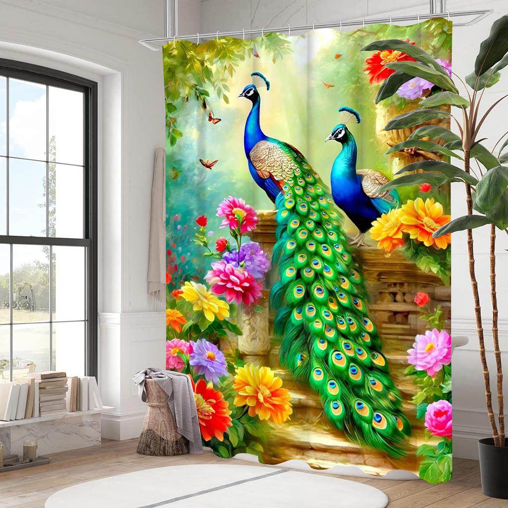 Flower and Peacock Pattern Bathing Curtain Bathroom Shower Curtain Waterproof With 12 Hooks Home Deco Free Ship
