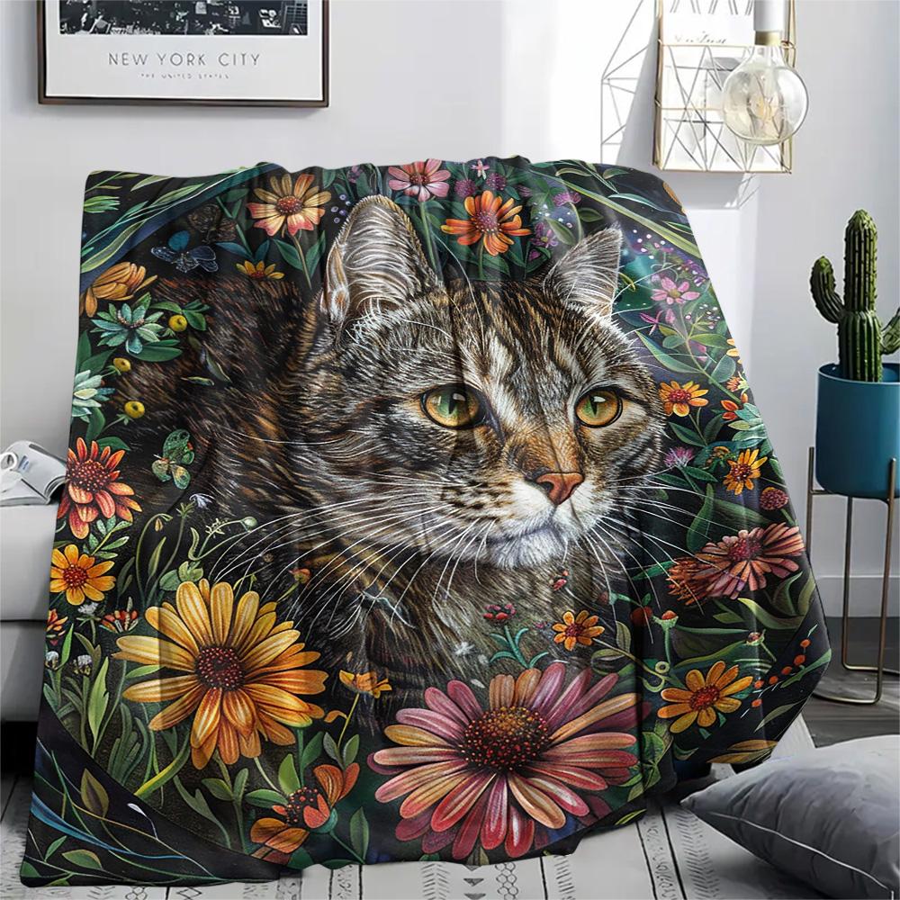 Tabby Cat Print Flannel Blanket, High quality Comfortable for All Seasons, Home Decor, Warmth and Comfort, Perfect for Christmas Gifts