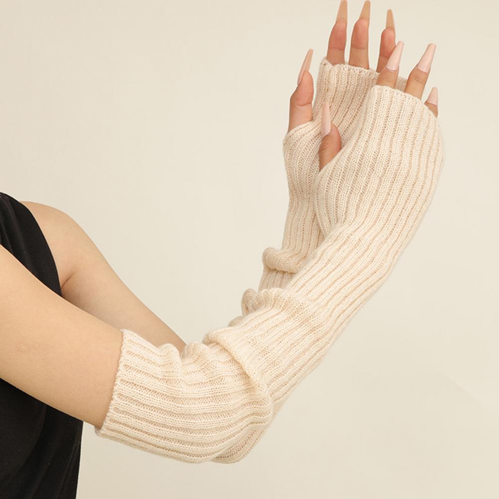 1 Pair Fall Winter Gloves Half-finger Cover Knitted High Elasticity Non-slip Over Elbow Length Arm Warmers Pure Color Arm Sleeve