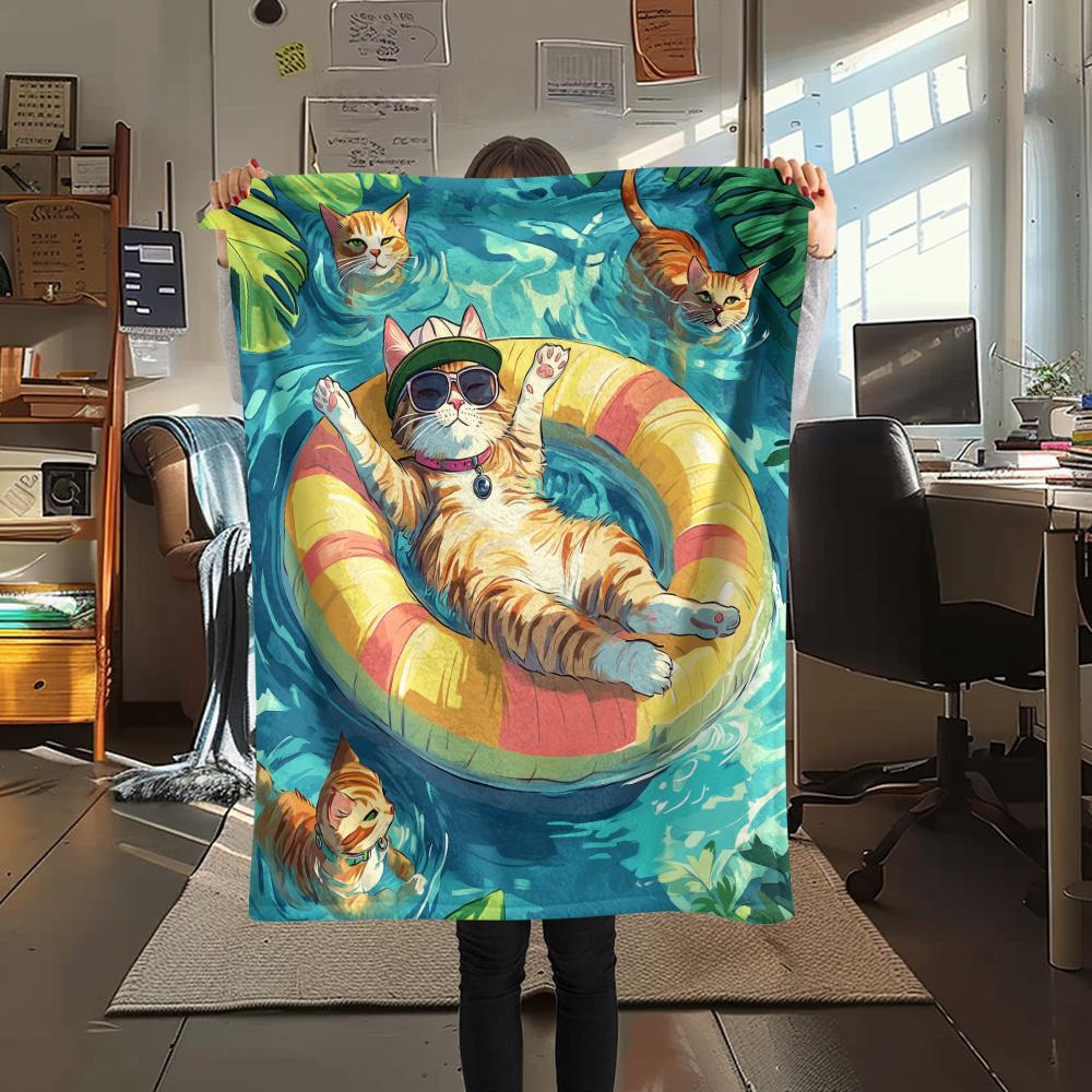 Cats with Swim Rings  Print Flannel Blanket, High quality Comfortable for All Seasons, Home Decor, Warmth and Comfort