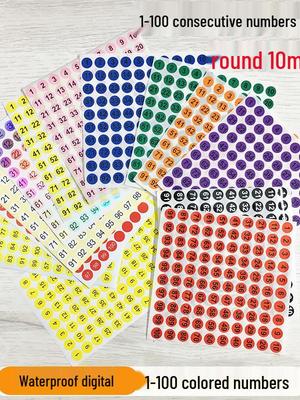 10mm Waterproof Colored Number Stickers 1-100 | Small Round Self-Adhesive Dots