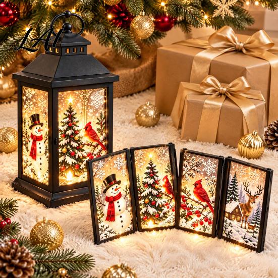 Winter Seasonal Lighting Interchangeable Crystal Lantern 4 Replaceable Holiday Scene Panels Night Light Cozy Fairy Light Lamp Theme Decorative