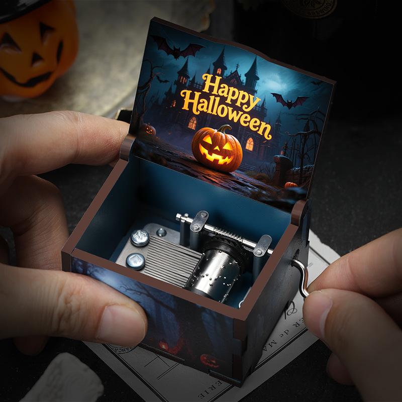 2025 Latest Halloween Series Art Six sided Painted Hand Cranked Music Box Holiday Gift High Quality Durable Perfect Gift