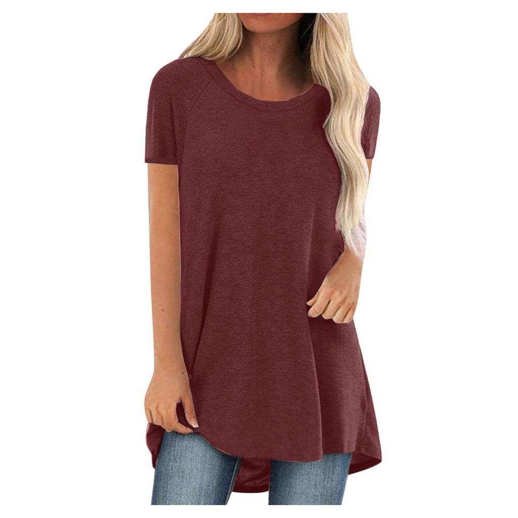 Frauen Mode Plus Größe Rundhals Kurzarm Solide Farben Lange T-shirt Tops
