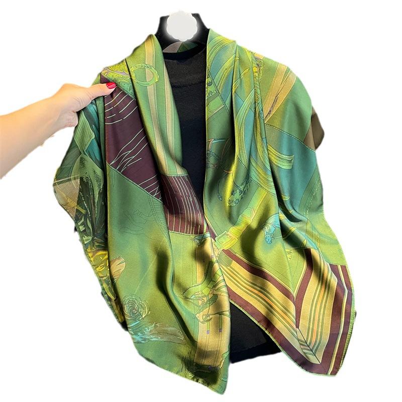 Large square scarf simulation silk scarf spring and summer retro travel green tide temperament sunscreen shawl scarf female print stripes