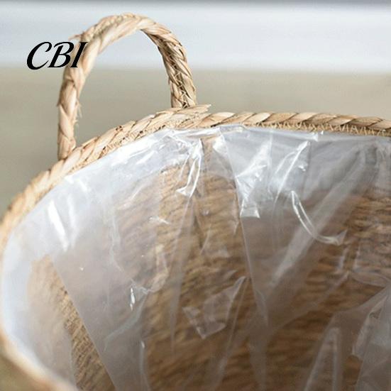 Garden Plant Display Baskets Woven Seagrass Pot with Handle, Built-in Plastic Film Lining Sustainable Straw Planters Storage Basket, Natural