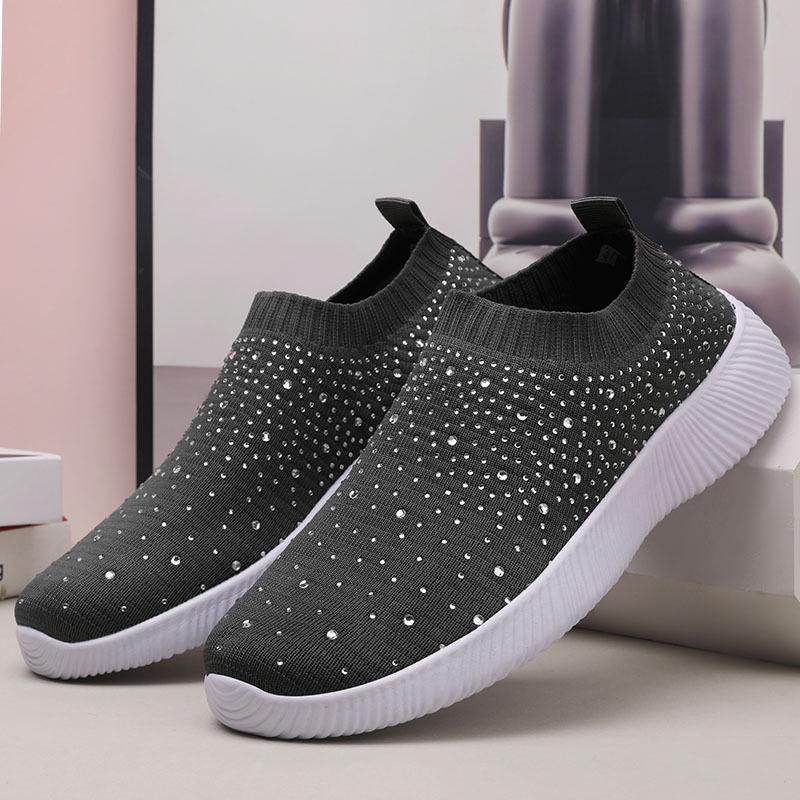 Plus Size Rhinestone Stretch Sock Women's Flyknit Casual Shoes - Lightweight & Breathable MD Sole