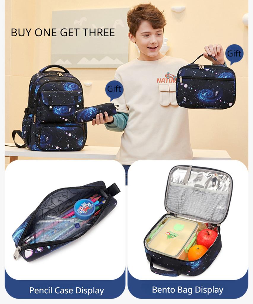 Load Reduction Oxford Children Backpack for Boys Large Capacity Primary Students Grade 1-6 Schoolbags with Bento Bag Pencil Case