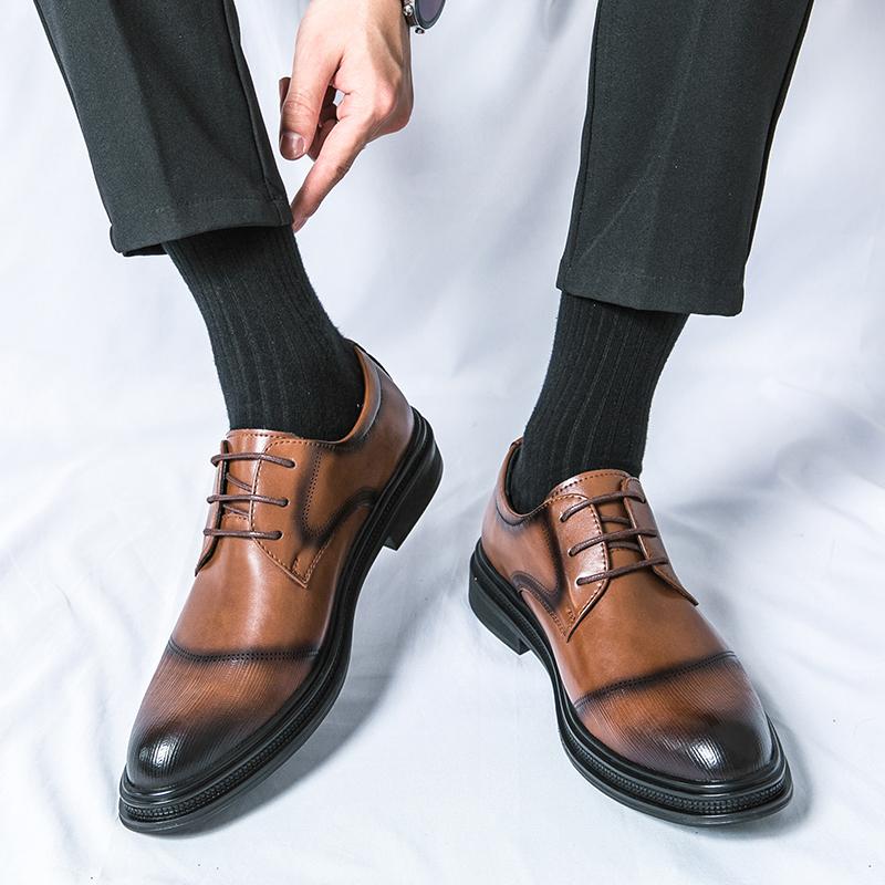 New Korean Fashion Brand Men's Pointed Block Comfortable Leather Shoes Spring Men Business Lace Up Formal Wedding Leather Shoes