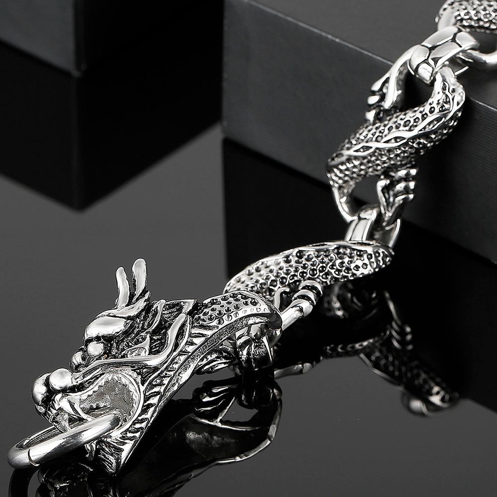 Massive Chinese Dragon Cuff Men's Bracelets Vintage Stainless Steel Loong Head Body Chain Bracelet for Man Gothic Jewelry Gifts