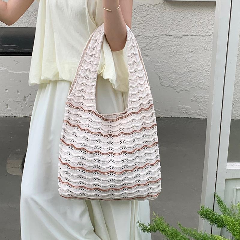 Knitted Large Capacity Stripe Pattern Crochet Tote Bag Beach Vacation Women's Hollow Shopping Shoulder Bags CLE