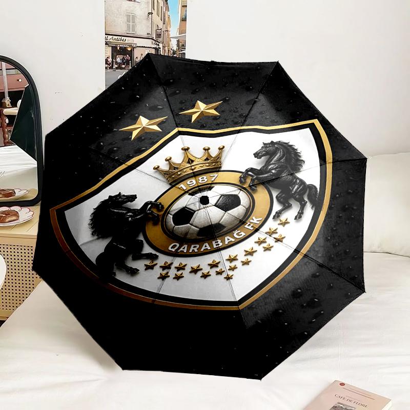Qarabag Golden Crested Football Emblem Automatic Folding Umbrella - 8-Rib Travel Umbrella with Auto Portable Case, Ideal Gift for Birthdays