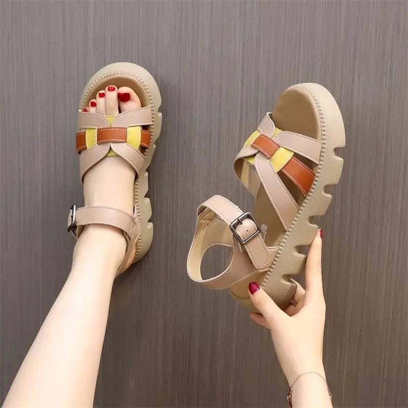 Sandals for Woman One Word Summer 2025 Open Toe Green Women's Shoes Buckles Platform Footwear Roman Style Outdoor Vintage Trend