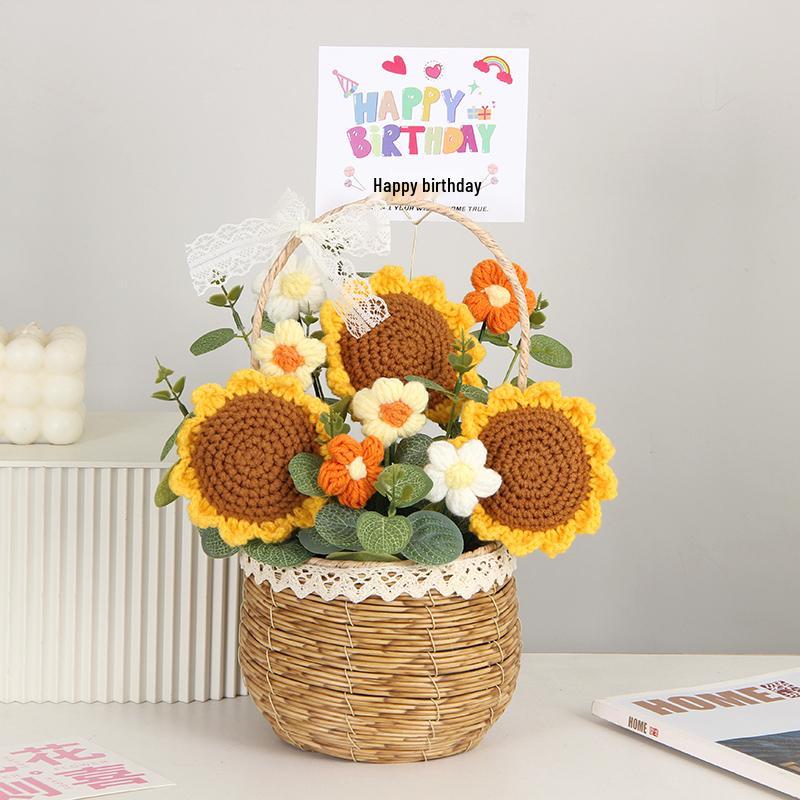 Sonnenblumen Gestrickter Wollstrauß in Handkorb - Geburtstag, Feiertag, Lehrertag, Abschlussgeschenk