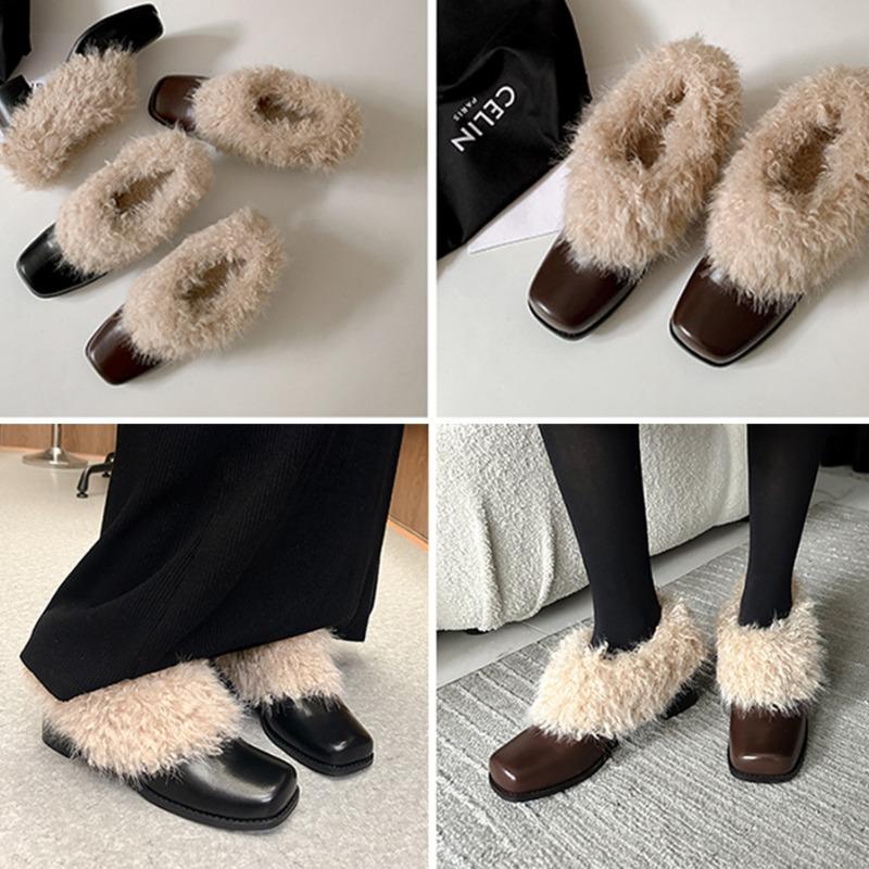 Cowhide version high-heeled fluffy shoes women's velvet warm square head single shoes one pedal thick heel small leather shoes cotton shoes