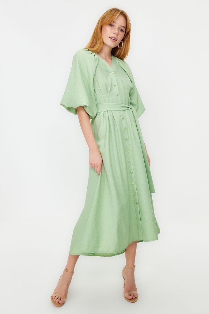 Women's Fashion Linen Look Woven Shirt Dress with Stone Belt and Half Balloon Sleeves