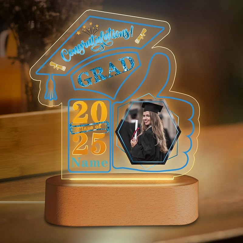 

Индивидуальный подарок на выпускной ночник с фотографией персонализированный акриловый светодиодный светильник Поздравляем выпускников 2025 года(B-Черный и золотой) C-Sky Blue and Gold