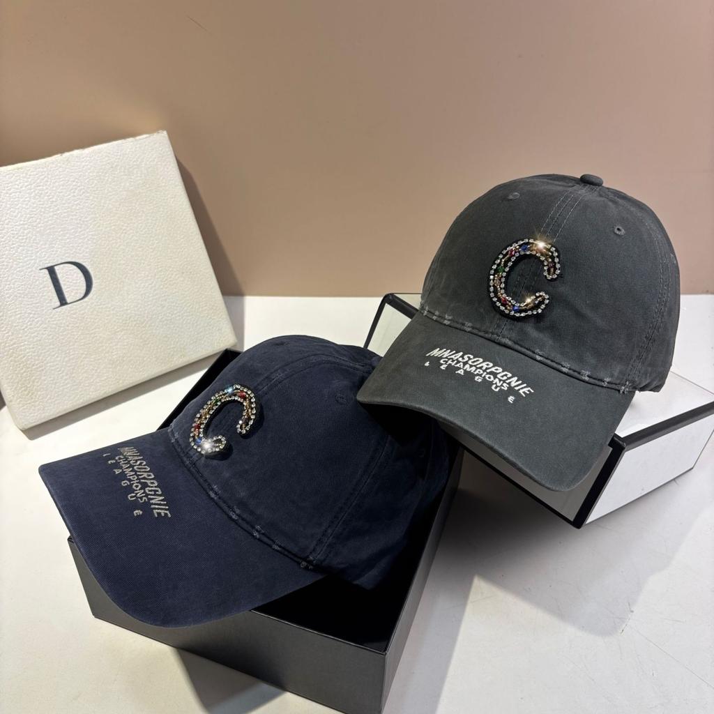 Paris Fashion Heavy Industry Rhinestone Letter C Baseball Cap Plus Casual Personality Washed Ripped Cap