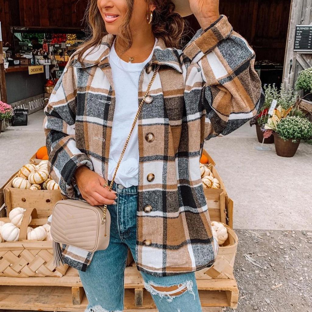 Women Fashion Lattice Lapel Button Casual Long Sleeve Loose Overcoat Coat