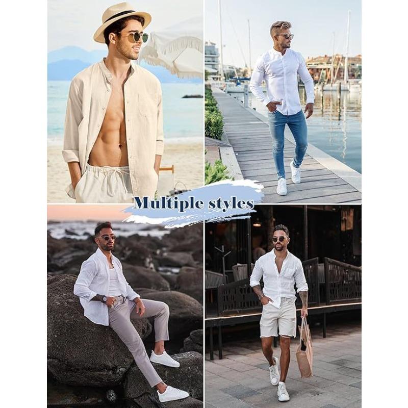 Men Stand Collar Solid Long Sleeve Shirt, Cotton Linen-like Breathable Casual Shirt Cross-border Men Top